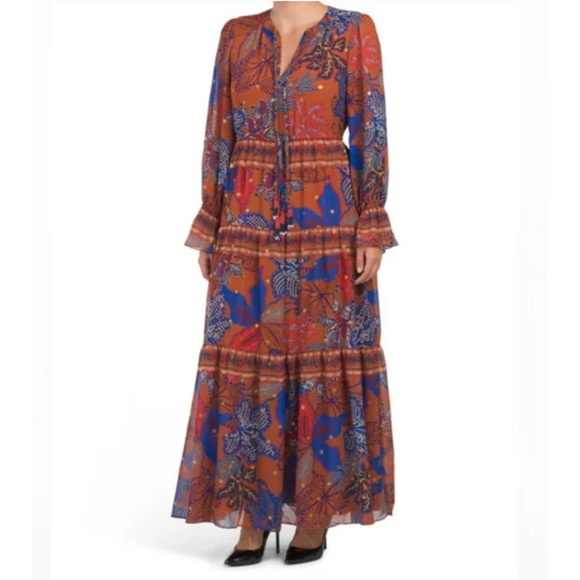 House of Harlow Maxi Tiered Floral Rustic Boho Long Sleeve Dress Size Small - Picture 1 of 14